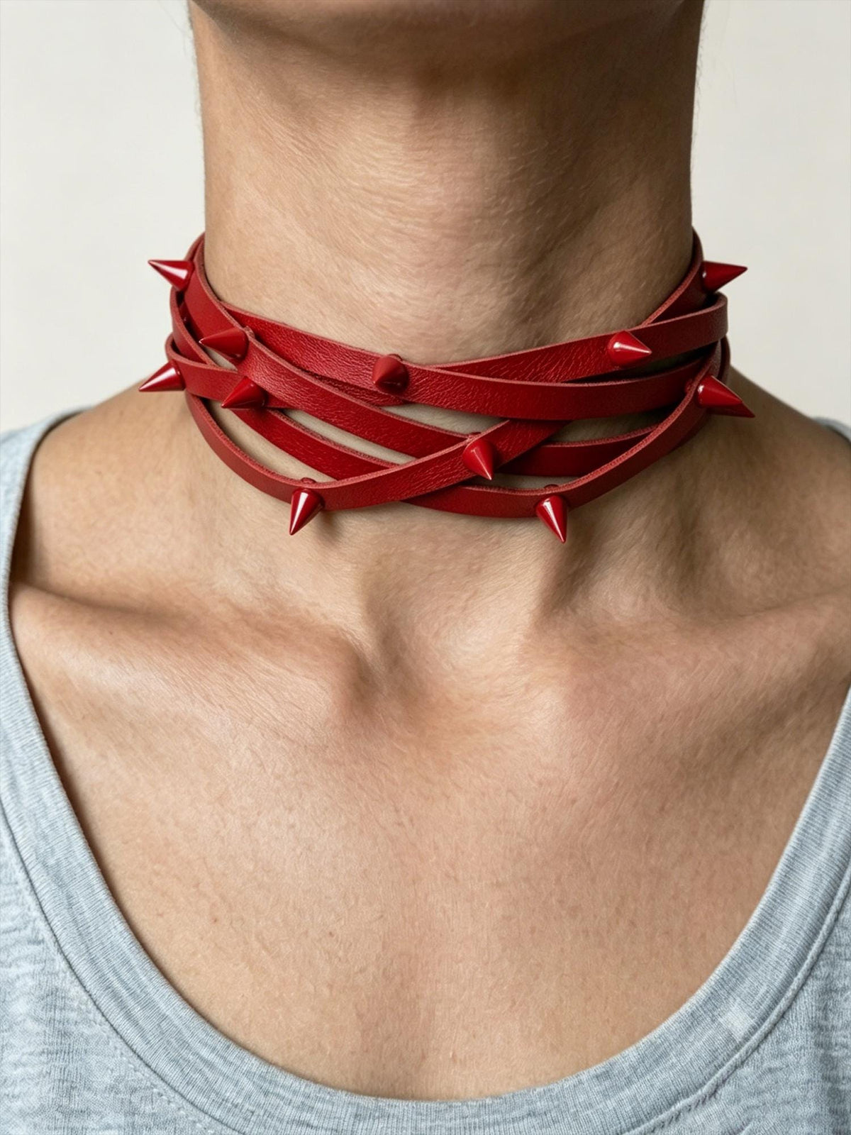 Handmade Studded Red Leather Choker Necklace, Adjustable Spiked Collar Gift for her/him