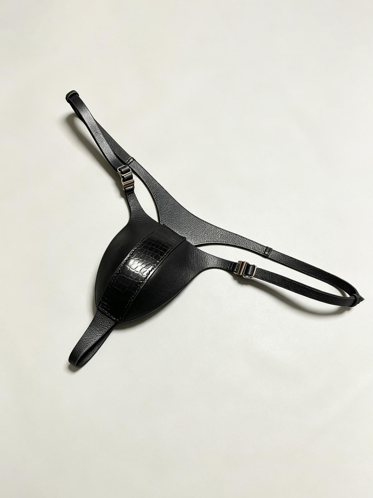 Handmade Mini Leather Thong for Men , Single Strap Open Back G-String, Black Crocodile & Calfskin Underwear, Small Contoured Pouch