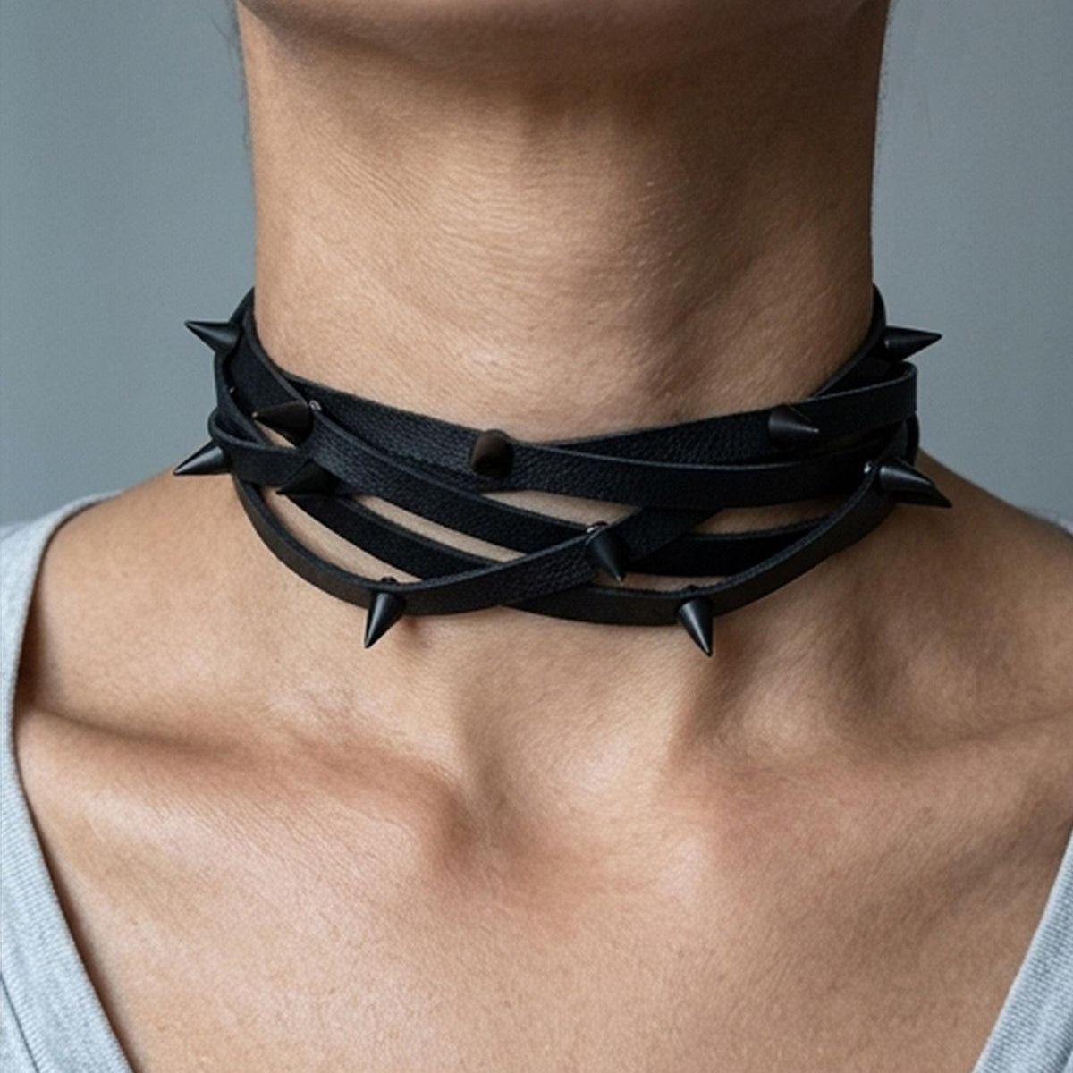 Handmade Studded Leather Choker Necklace, Adjustable Spiked Collar Gift for her/him