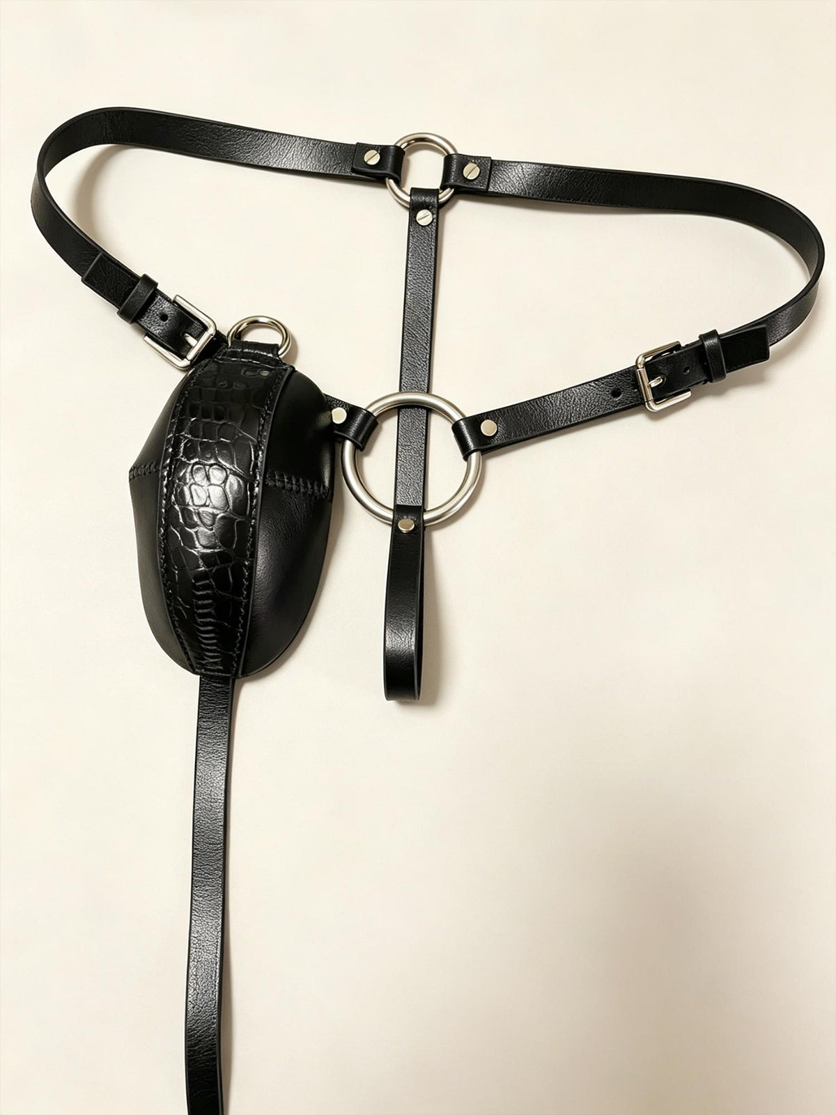 Handmade Genuine Leather Thong Men‘s ,2-in-1 Convertible Pouch & Strap G-String, Black Calfskin+ Crocodile,O-Ring Pouch, gift for husband