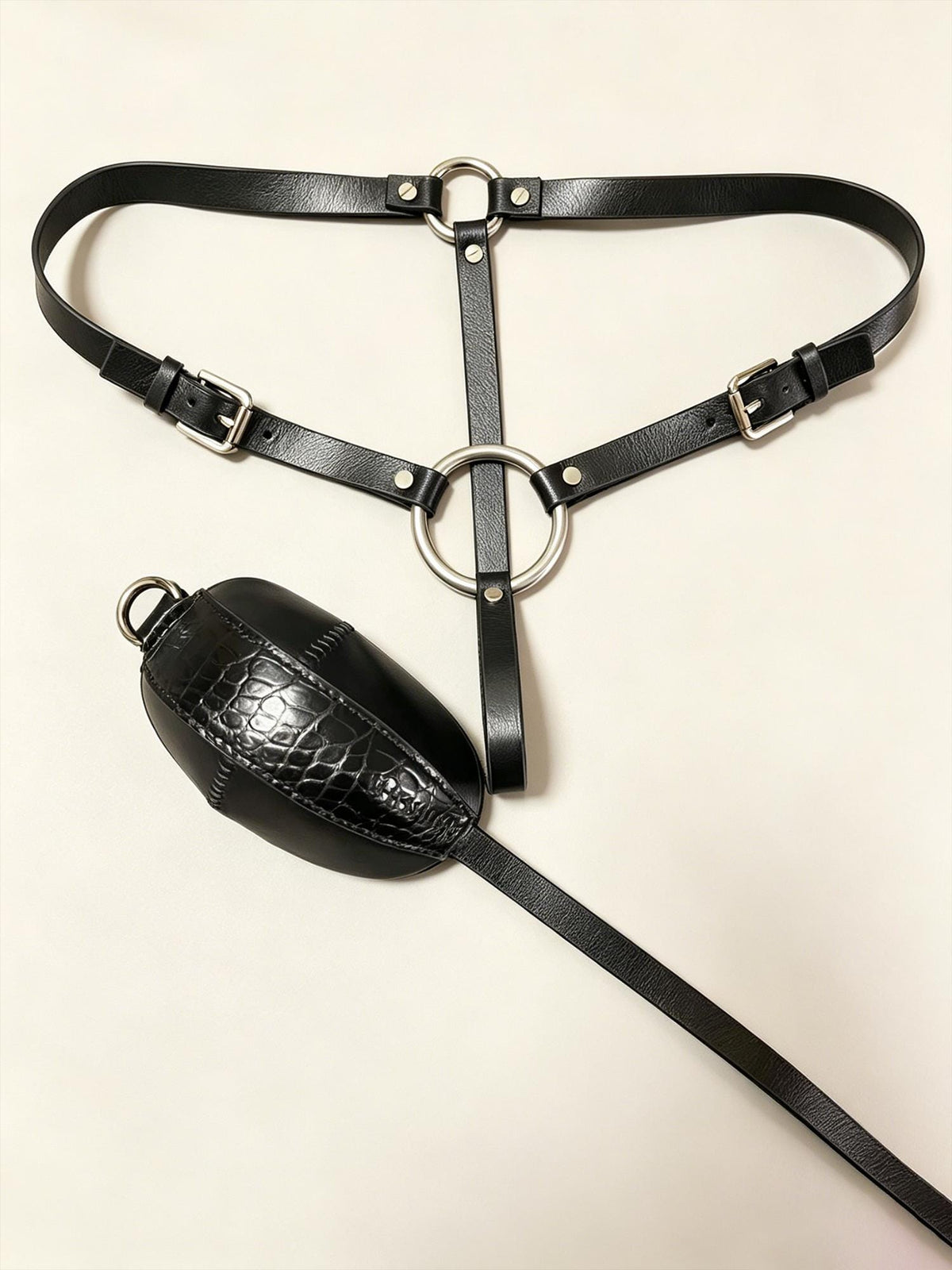 Handmade Genuine Leather Thong Men‘s ,2-in-1 Convertible Pouch & Strap G-String, Black Calfskin+ Crocodile,O-Ring Pouch, gift for husband