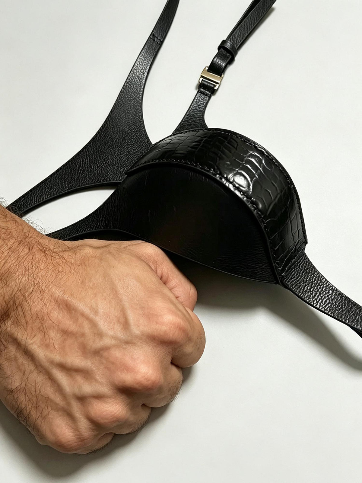 Handmade Mini Leather Thong for Men , Single Strap Open Back G-String, Black Crocodile & Calfskin Underwear, Small Contoured Pouch