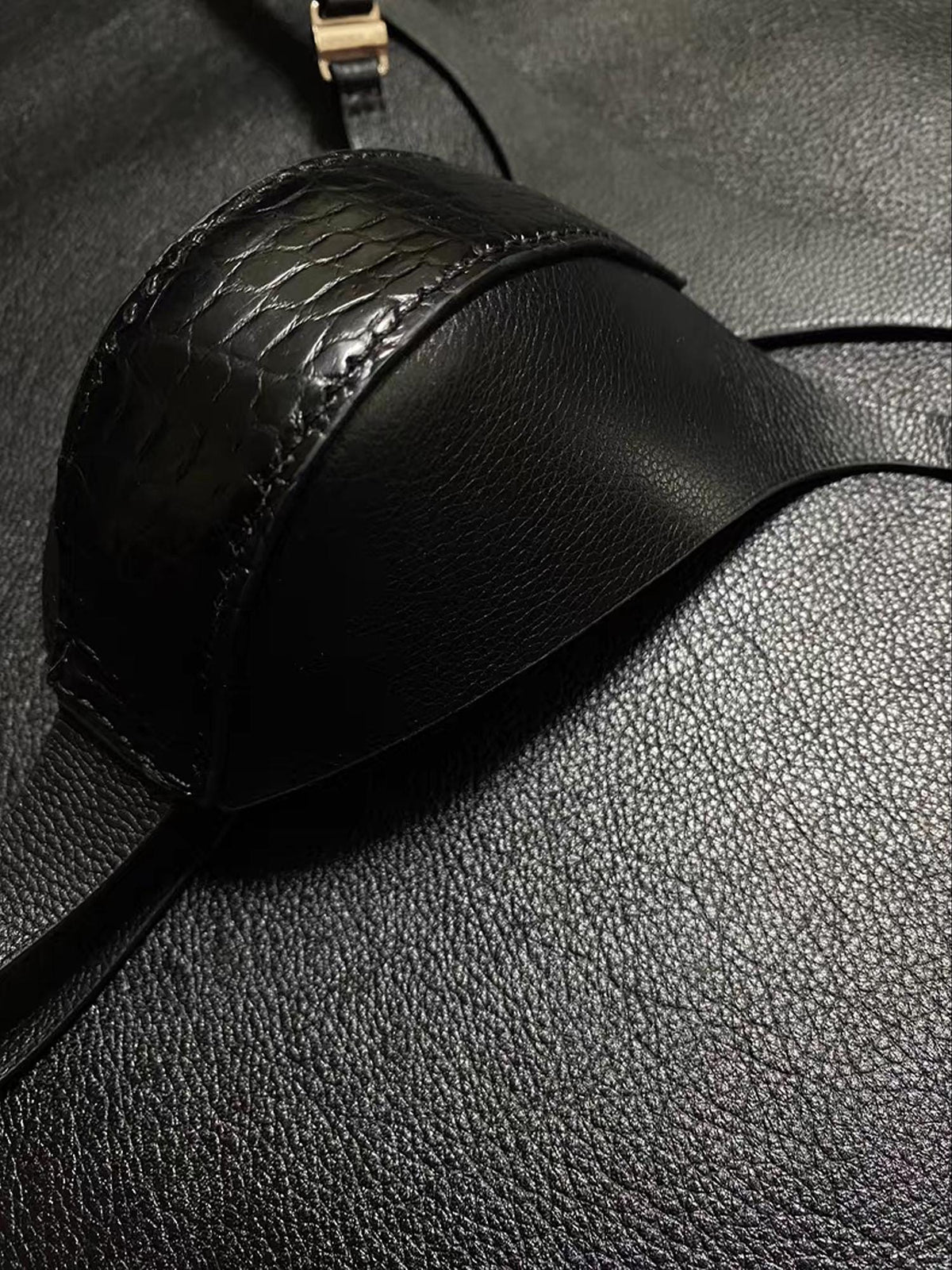 Handmade Mini Leather Thong for Men , Single Strap Open Back G-String, Black Crocodile & Calfskin Underwear, Small Contoured Pouch