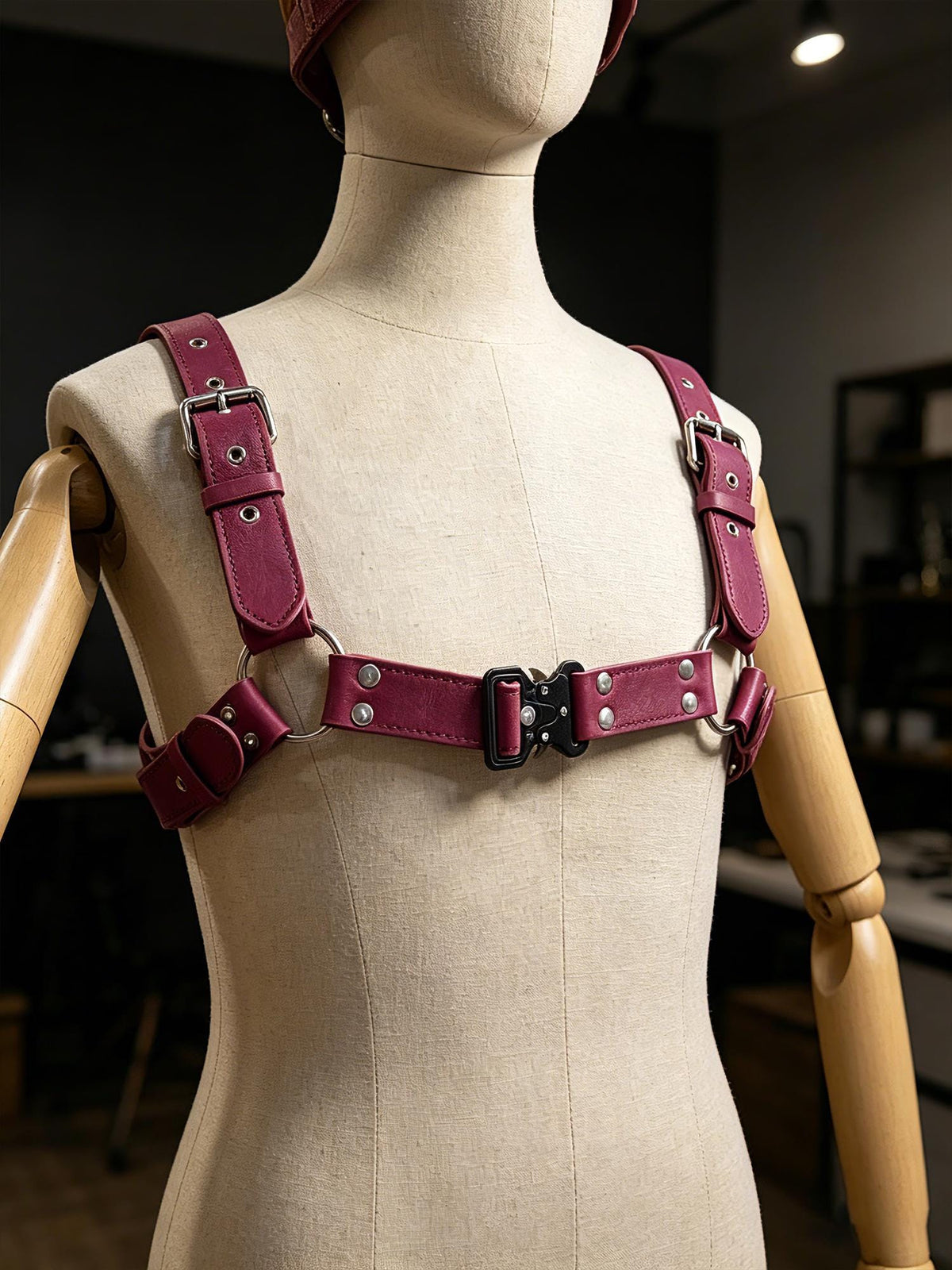 Mens Pink Leather Harness, Personalized Double Layer Horsehide Strap, Premium Hardware Body Harness, Rave Outfit Gift for Him