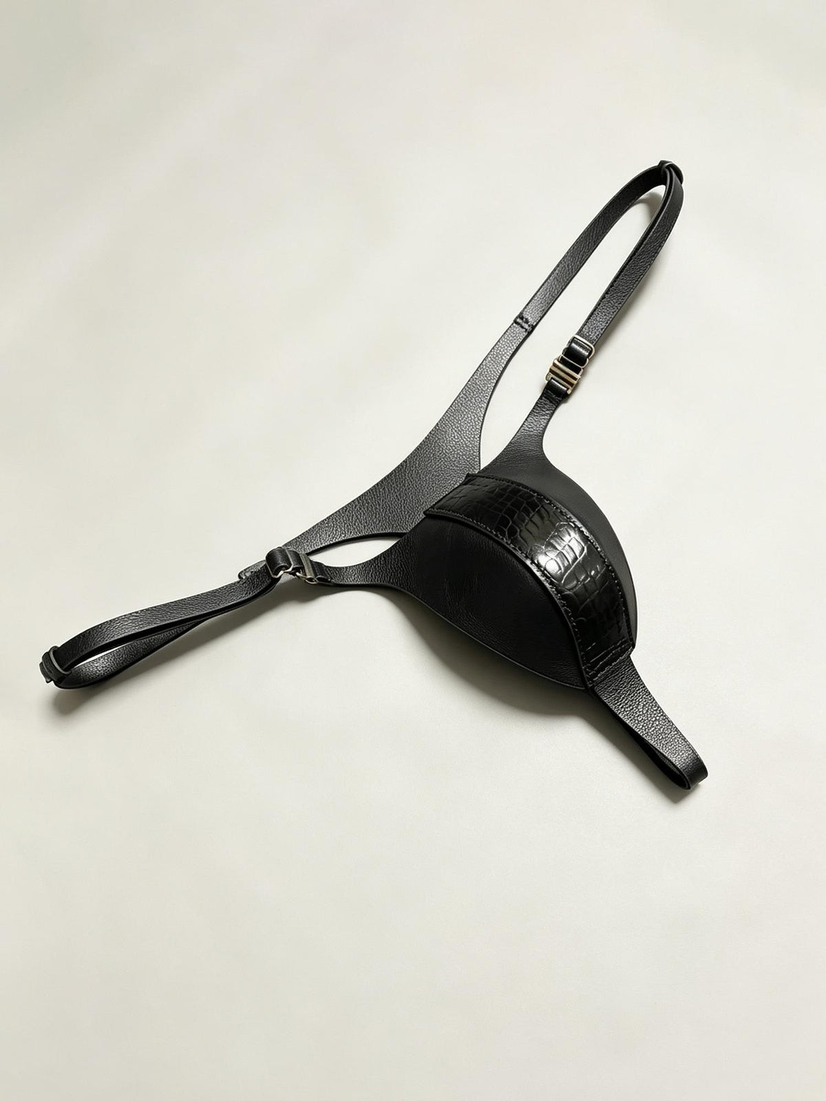 Handmade Mini Leather Thong for Men , Single Strap Open Back G-String, Black Crocodile & Calfskin Underwear, Small Contoured Pouch
