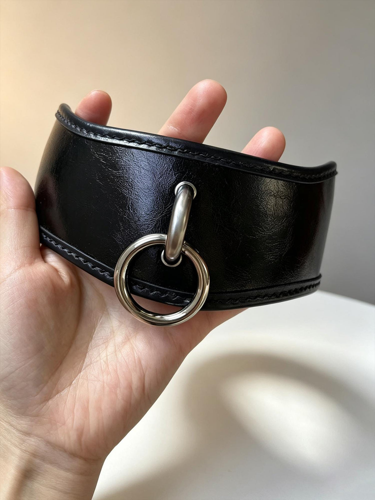 Handmade Wide  Genuine Leather Collar Choker for Men Women,Thick Necklace with Large Metal O-Ring,Punk Gothic Cosplay,Heavy-Duty Accessory