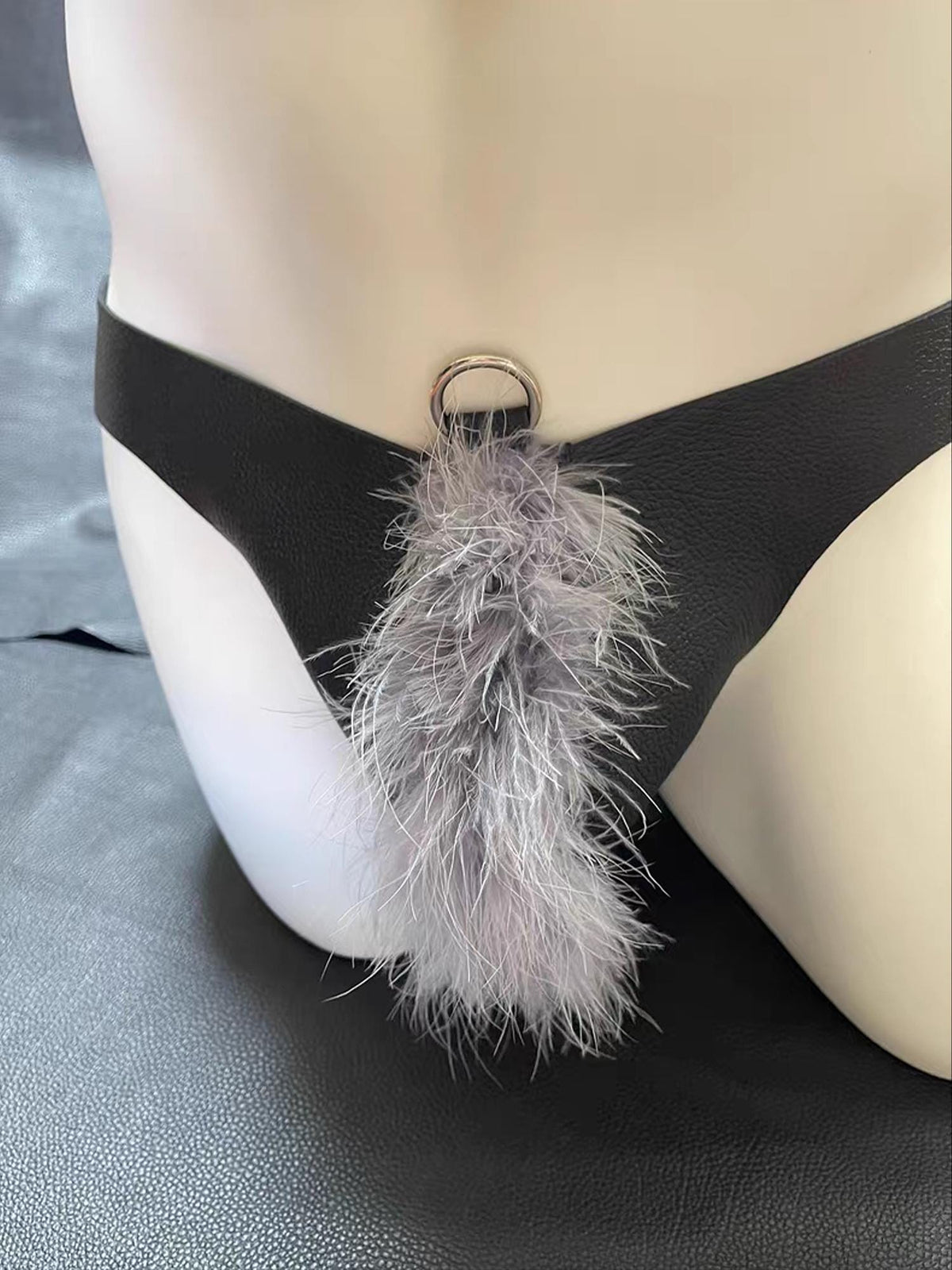 Handmade Genuine Leather Underwear  for mens, Thong with Ostrich Feathers, Elastic Waist, Stage Performance Cosplay Nightclub Wear