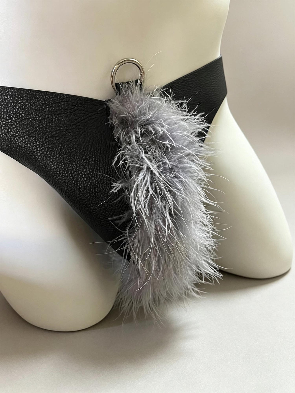 Handmade Genuine Leather Underwear  for mens, Thong with Ostrich Feathers, Elastic Waist, Stage Performance Cosplay Nightclub Wear