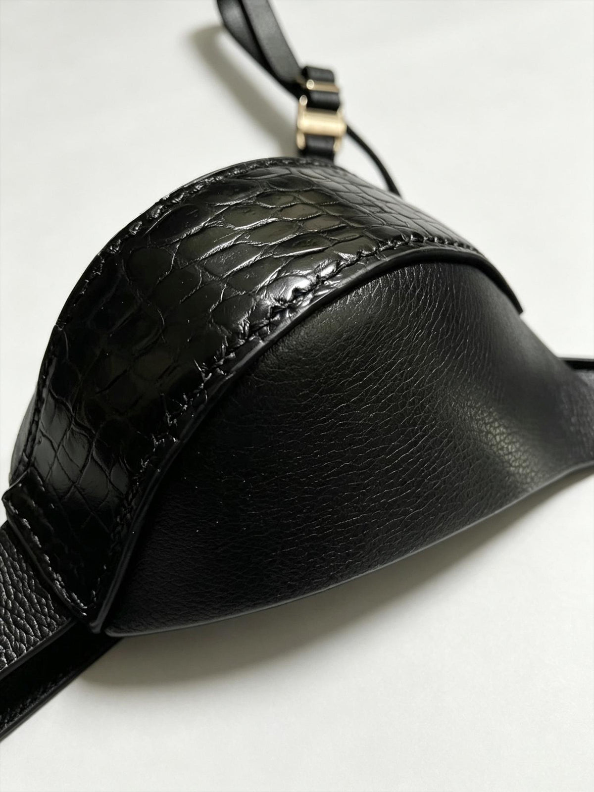 Handmade Mini Leather Thong for Men , Single Strap Open Back G-String, Black Crocodile & Calfskin Underwear, Small Contoured Pouch