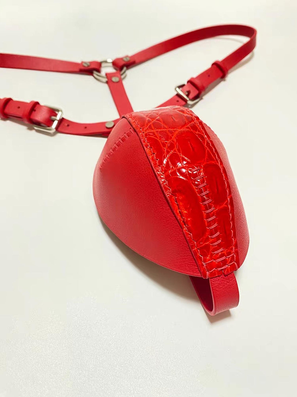 Handmade Red Crocodile&Calfskin Thong for Men,Custom Exotic Genuine Leather G-String,Enhancing 3D Pouch Underwear,Sexy Gift for Him