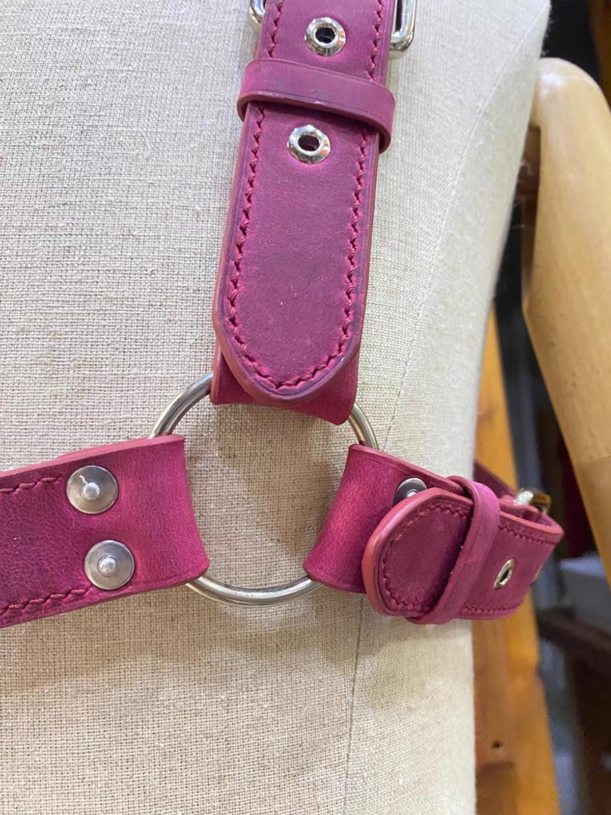 Mens Pink Leather Harness, Personalized Double Layer Horsehide Strap, Premium Hardware Body Harness, Rave Outfit Gift for Him