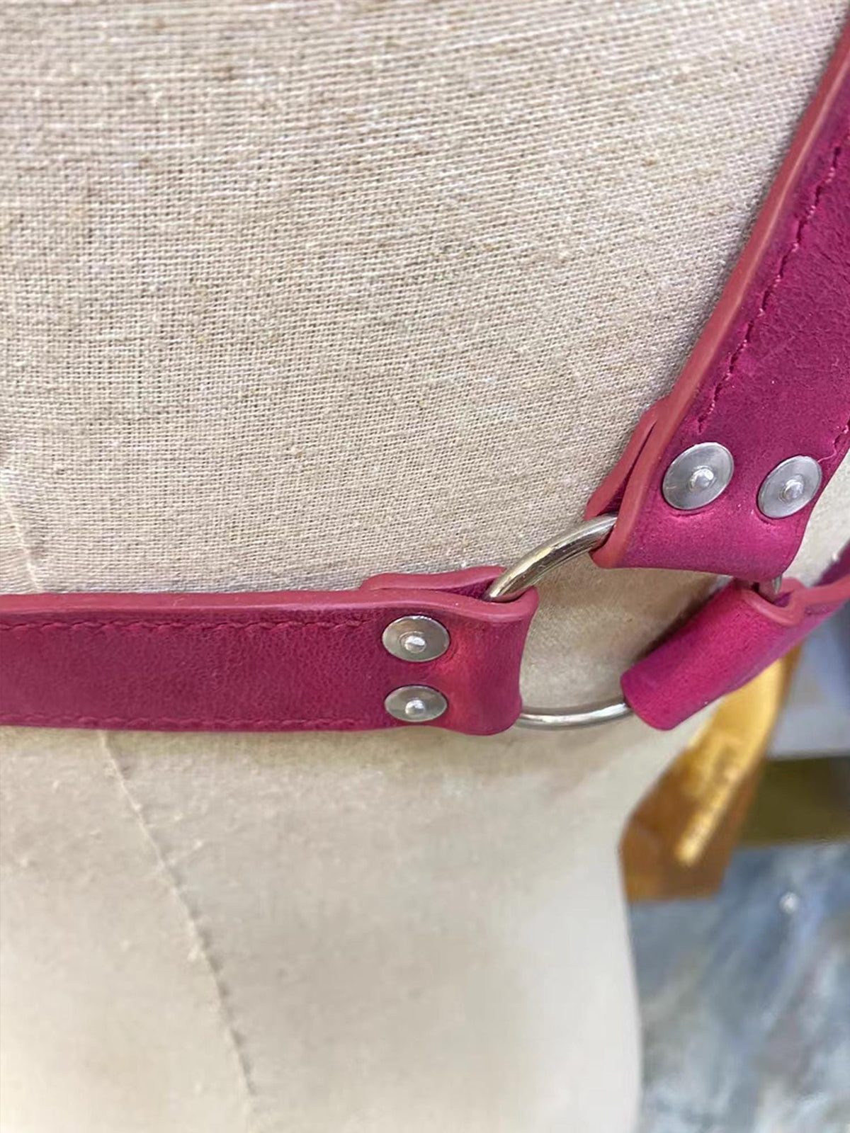Mens Pink Leather Harness, Personalized Double Layer Horsehide Strap, Premium Hardware Body Harness, Rave Outfit Gift for Him