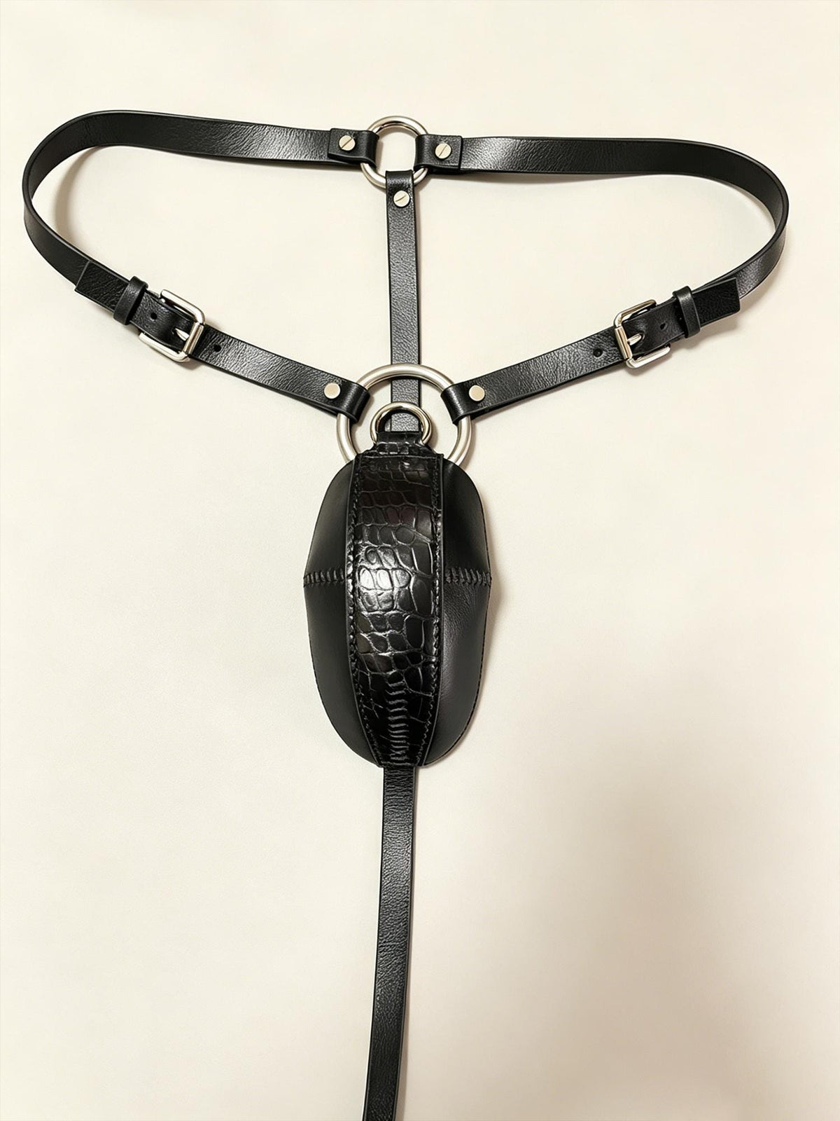 Handmade Genuine Leather Thong Men‘s ,2-in-1 Convertible Pouch & Strap G-String, Black Calfskin+ Crocodile,O-Ring Pouch, gift for husband